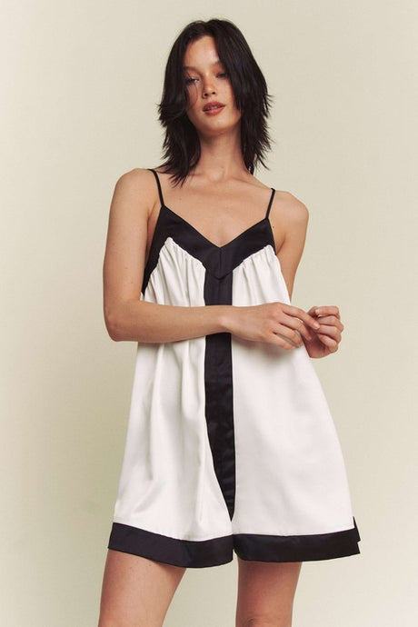White Black Contrast Hem Line Wide A Line Romper