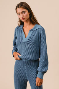 Denim/Navy Two Tone Rib Texture Sweater And Pants Set
