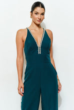 Emerald Crystal Trim Deep V Cross Back Jumpsuit