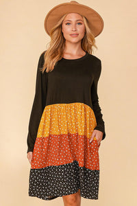 Black/Mustard/Rust Plus Floral Color Block Tiered Babydoll Dress