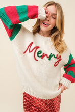Ivory Merry Letter Stripe Trim Oversize Sweater