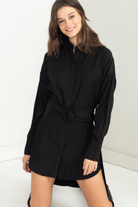 Black Easy Win Button-Up Belted Shirt Dress