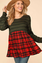 Black/Evergreen/Red Holiday Plaid Color Block Babydoll Knit Top