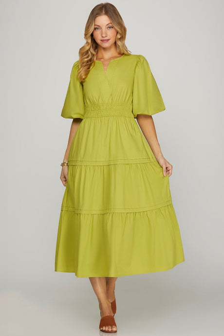 Grass Solid V Neck Balloon Half Sleeve Midi Dress