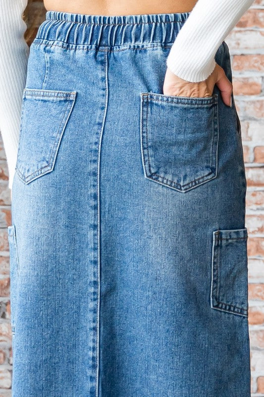 【BAON】Luda String Cargo Denim Midi Skirt BAON (バオン) - クネカーゴストリングデニムミディ丈スカート