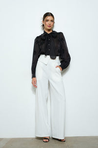 Black Sheer Embroidered Butterfly Bow Tie Blouse