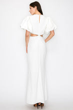 White Puff Sleeves Rhinestione Side Cutout Maxi Dress