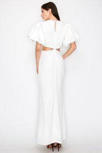 White Puff Sleeves Rhinestione Side Cutout Maxi Dress