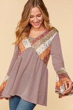 Burgundy/Olive Plus Ethnic Stripe Patchwork Bell Sleeve Knit Top