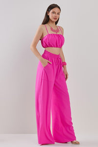 Hot Pink Pluffy Crop Top And Wide Pants Set