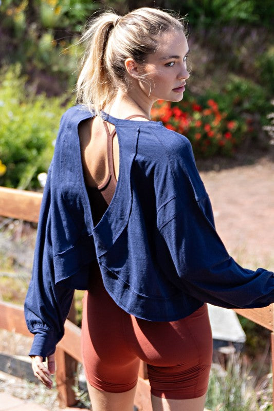 Navy Cotton Slub Open Back Long Sleeve Top