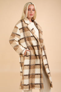 Mocha Mix Oversized Plaid Soft Fuzzy Button Down Long Coat