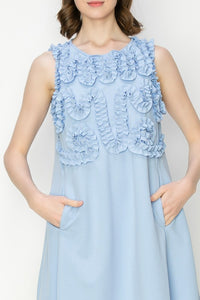 Blue Crewneck Floral Ruffled Sleeveless Mini Dress