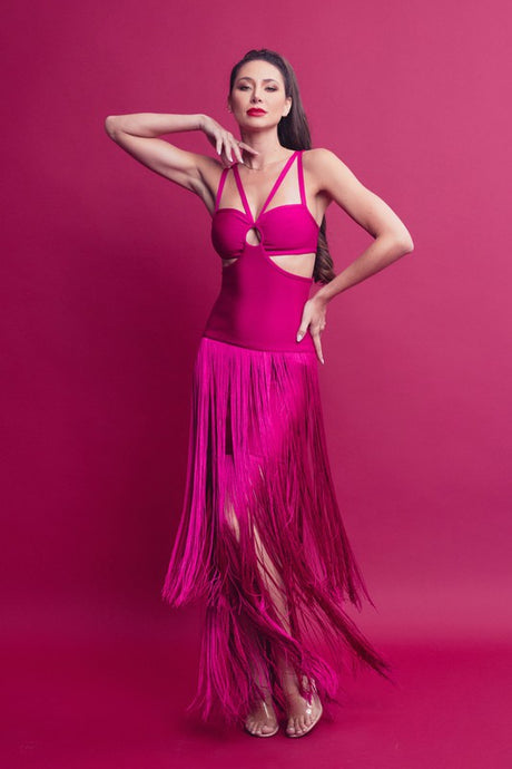 Magenta Bandage Fringe Dress With Cutout