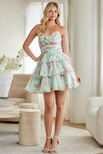 Mint Strapless Rosette Pleat Soft Chiffon Print Dress