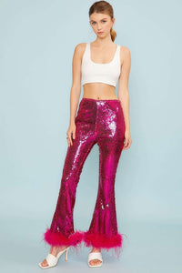 Fuchsia Side Zipper Hem Feather Trim Sequin Wide Leg Pants