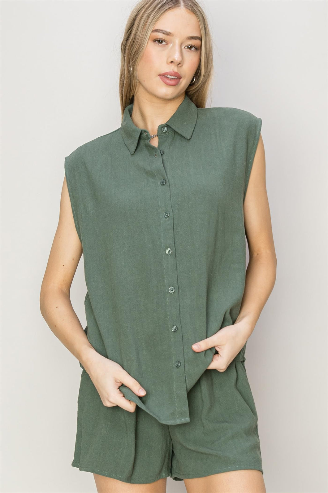 Gray Green Set-Linen Shirt And Shorts Set