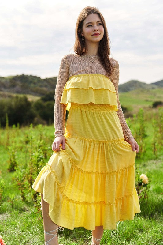yellow tube top dress Women Silk Strapless Ruched Basque Waist Ruffle Layer Mini Jumpsuit Party Dresses M Strapless smocked bodice with ruched detail Solid Strapless Tiered Fit &