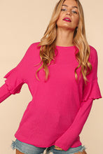 Fuchsia Drop Shoulder Ruffle Loose Fit Solid Knit Top