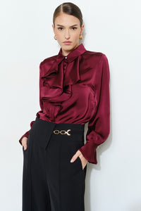 Wine Chic Satin Ruffled Jeweled Bell Sleeves Blouse Top
