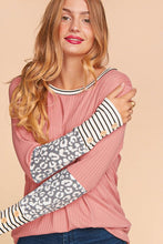 Mauve/Grey/Ivory Rib Leopard Print Stripe Color Block Knit Top