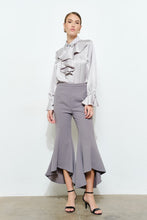 Silver Chic Satin Ruffled Jeweled Bell Sleeves Blouse Top