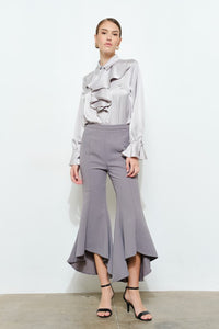 Silver Chic Satin Ruffled Jeweled Bell Sleeves Blouse Top