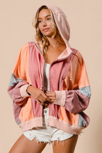 Marsala/Peach Raw Edge Color Block Washed Terry Zip Up Hoodie