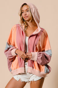 Marsala/Peach Raw Edge Color Block Washed Terry Zip Up Hoodie