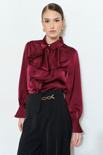 Wine Chic Satin Ruffled Jeweled Bell Sleeves Blouse Top