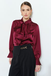 Wine Chic Satin Ruffled Jeweled Bell Sleeves Blouse Top