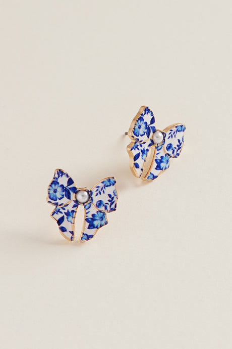 Blue Ceramic Bow Enamel Casting Flower Pattern Earrings