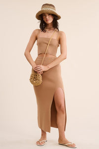 Camel Solid Ribbed-Knit Tank And Midi Slit Skirt
