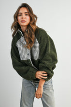 Olive Multi Quilted Plaid Sherpa Fleece Snap Jacket