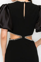 Black Puff Sleeves Rhinestione Side Cutout Maxi Dress