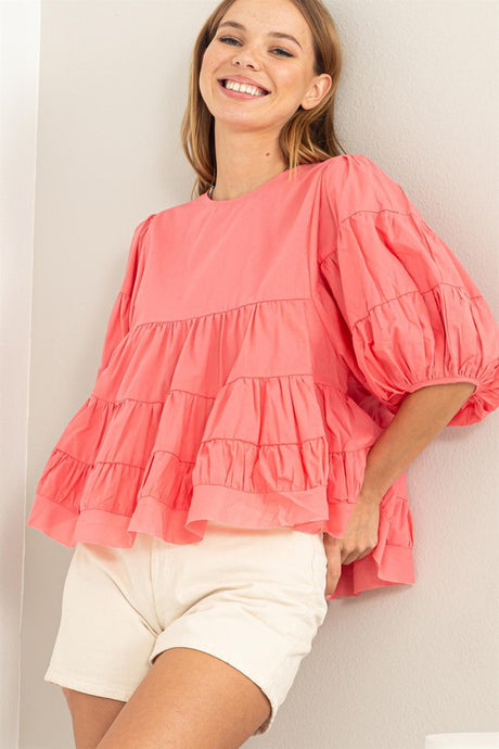Coral Simply Beautiful Elbow Sleeve Tiered Top