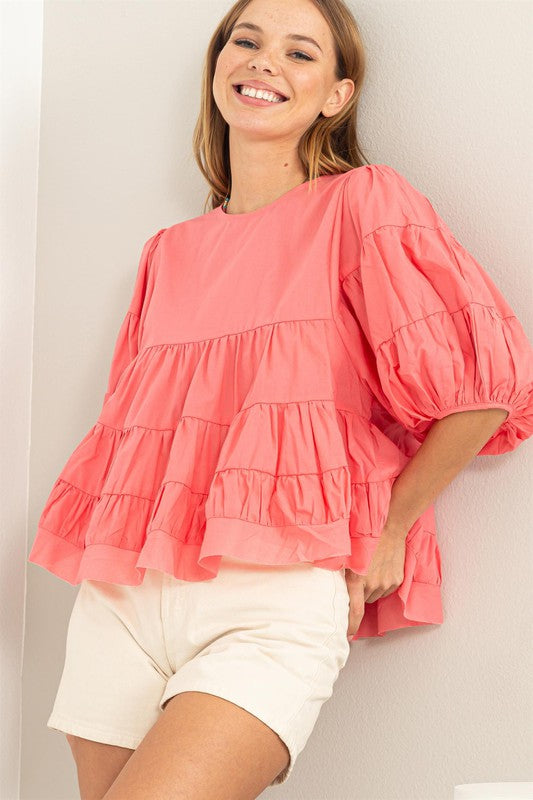 Coral Simply Beautiful Elbow Sleeve Tiered Top