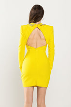 Neon Yellow Jewel Stoned Collar Detail Back Open Dress