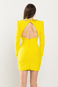 Neon Yellow Jewel Stoned Collar Detail Back Open Dress