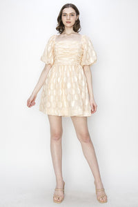 Oatmeal Square Neck Short Puff Sleeve Dots Jacquard Mini Dress