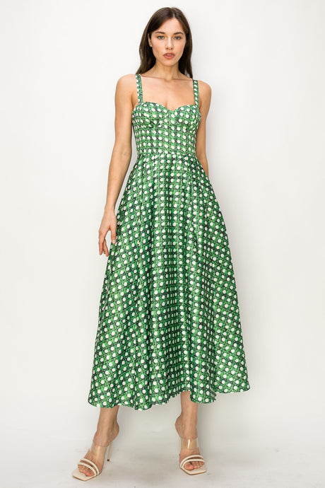 Green/White Satin Trellis Print Bustier Flared Midi Dress
