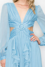 Blue Long Puff Sleeves Shimmer Fabric Side Cut-Out Maxi