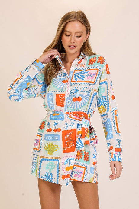White/Blue Mon Cheri Airflow Print Romper