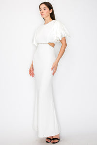 White Puff Sleeves Rhinestione Side Cutout Maxi Dress