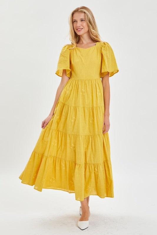 Yellow Modest Embroidery Flutter Sleeve Dress – Aquarius Brand