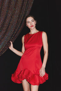 Red Flutter Ruffle Hemline Sleeveless Mini Dress