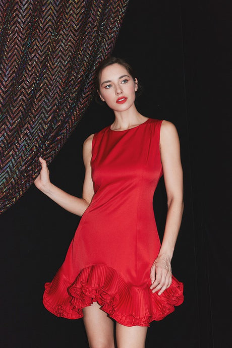 Red Flutter Ruffle Hemline Sleeveless Mini Dress