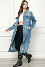 Med Wash Distressed Long Denim Jacket