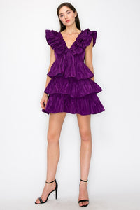 Purple Ruffled Tiered Taffeta Mini Dress
