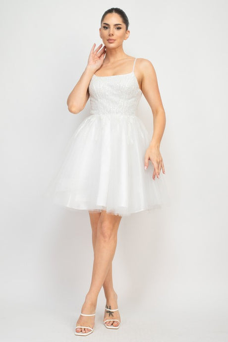 Off White Sequin Beads Tulle Mini Glittery Dress